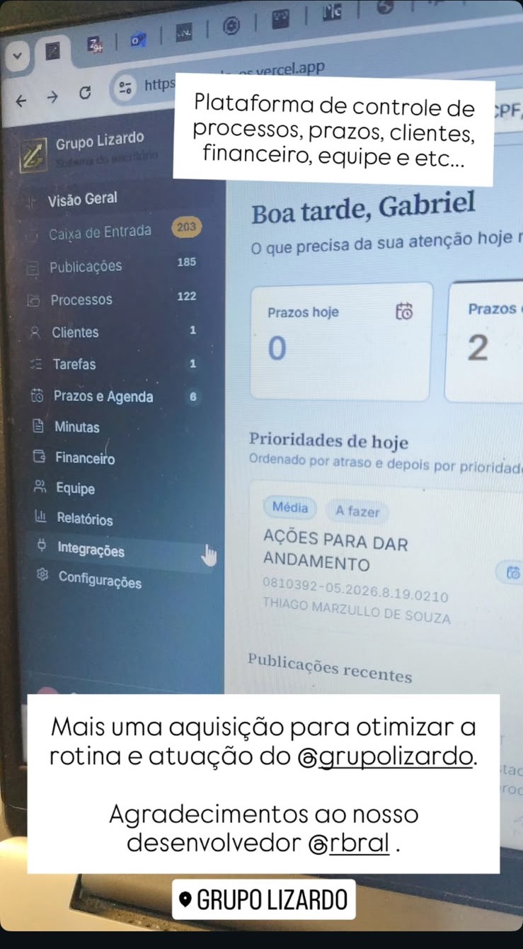 Story do Instagram do Grupo Lizardo agradecendo pelo painel entregue, com a tela do sistema ao fundo