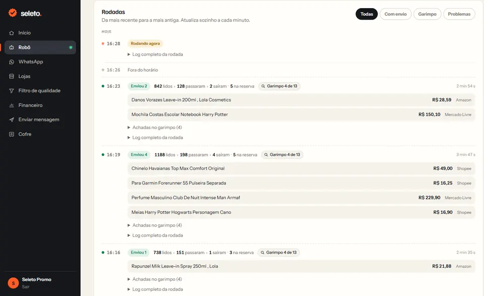 Painel do Seleto Promo, com as rodadas do robô, as ofertas enviadas ao grupo e o garimpo do dia
