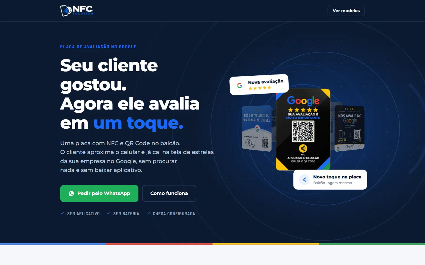 Site da NFC Solution, com a placa de avaliação do Google e o título Seu cliente gostou, agora ele avalia em um toque