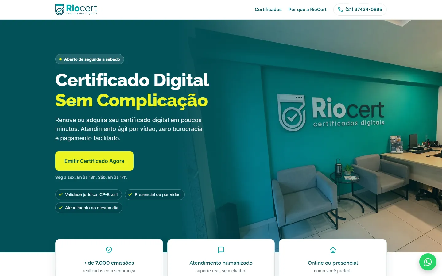 Site da RioCert, com o título Certificado Digital Sem Complicação e o botão Emitir Certificado Agora