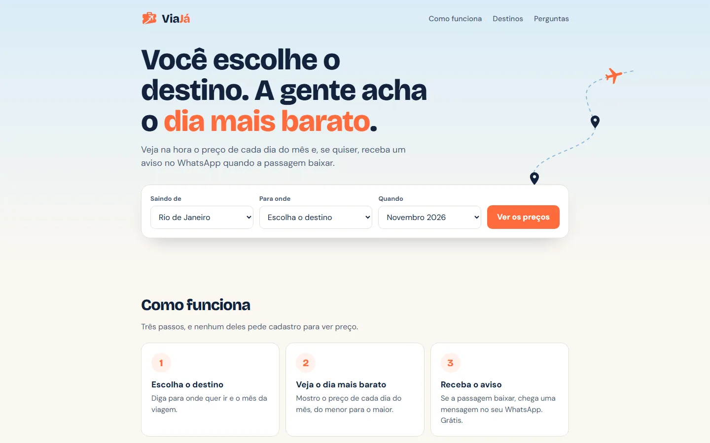 Site do ViaJá, com o título Você escolhe o destino. A gente acha o dia mais barato, e o formulário de busca